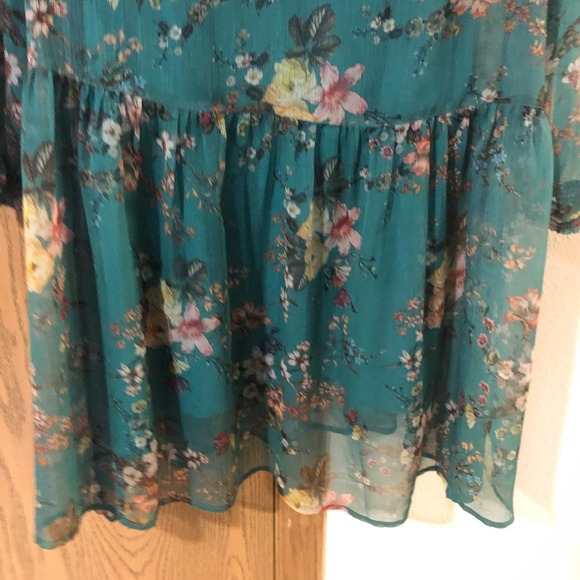 Maeve Anthropologie Large Sheer Floral Turquoise Blue Dress Drop Waist Ruffle - Picture 5 of 9